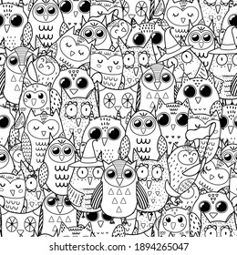 Cute owls black and white seamless pattern. Doodle coloring page with funny forest animals. Vector illustration