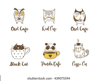 Cute owls  cat   panda drinking coffee  Hand drawn symbols  icons  illustrations