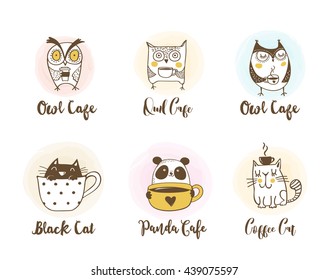 Cute owls, cat and panda drinking coffee. Hand drawn symbols, icons, illustrations