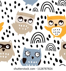 Cute owls characters seamless pattern. Owl character doodle background in scandinavian style. Perfect for kids fabric, textile, nursery wallpaper. Vector Illustration. Pastel colors