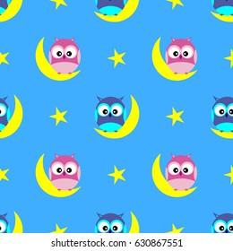 Cute owls children seamless vector pattern