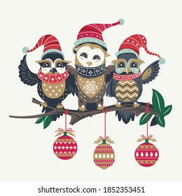 Cute owls christmas seasonal vector illustration