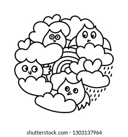 Cute owls in the clouds, rainbow, hearts. Hand drawn vector illustration