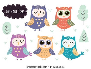 Cute owls collection. Forest animals isolated elements. Set with funny animals. Vector illustration