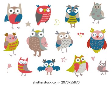 Cute owls, collection of multicolored cartoon birds. A set of owls of different colors and sizes. Childrens vector illustration, isolate