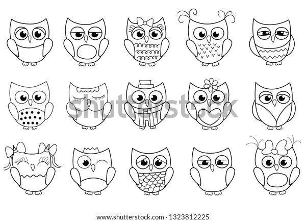 Cute Owls Collection Outlined Black White Stock Vector Royalty