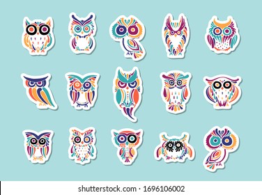 Cute owls coloful collection, logo design template. Vector illustration