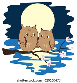 Cute owls couple in love at moon night. Romantic background. Vector illustration