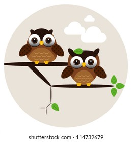 Cute owls couple on the tree Vector illustration