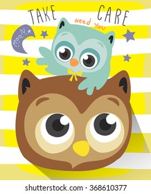 cute owls couple on yellow-white striped background.