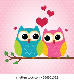 cute owls couple sitting on a branch