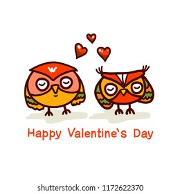 cute owls couple, vector hand drawn illustration with text