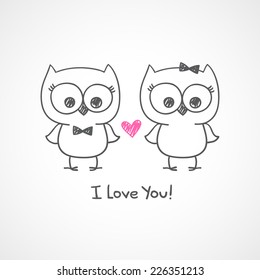 cute owls couple, vector hand drawn illustration with text, i love you