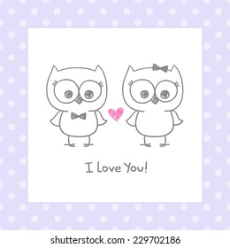 cute owls couple, vector hand drawn illustration with text, i love you