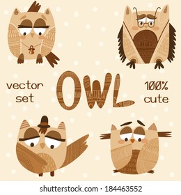 Cute Owls Doodle Collection.Vector set in pastel colors