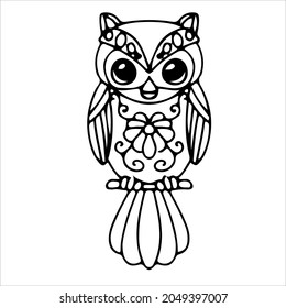 Cute owls in doodle style. Simple decor for a festive Christmas and New Years. Vector illustration isolated on white background.