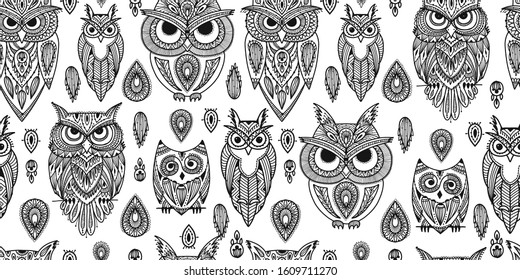 Cute owls family, seamless pattern for your design. Vector illustration