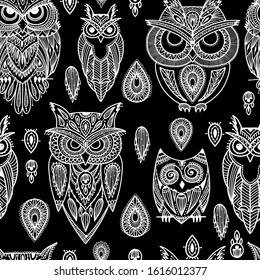 Cute owls family, seamless pattern for your design. Vector illustration
