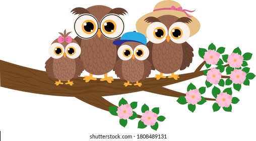 Cute owls family sitting on a tree branch vector illustration
