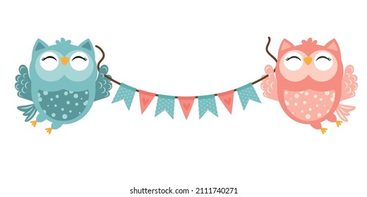 Cute owls with flags. Illustration for invitations, greeting cards, children's greetings.Isolated on a white background.