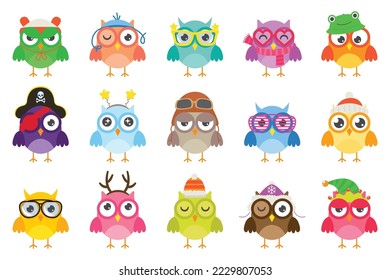 Cute owls flat icons set. Funny colorful birds with trendy frog and pirate hats, glasses, reindeer antlers headdress, warm cap. Cartoon art elements. Color isolated illustrations