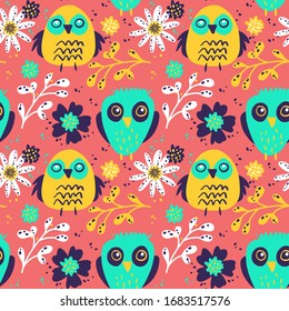Cute owls and flowers on pink background, seamless pattern