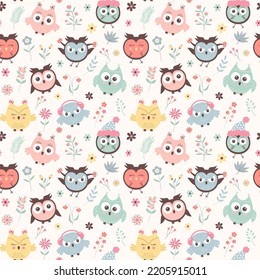 Cute owls and flowers seamless pattern. Scandinavian boho print. Creative kids texture for fabric, wrapping, textile, wallpaper, apparel. 