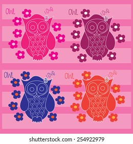 cute owls with flowers vector illustration