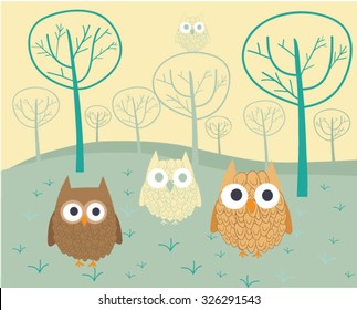 Cute owls in forest  