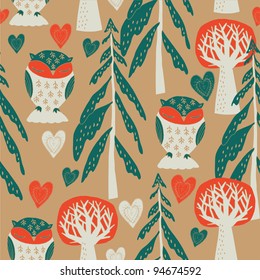 cute owls in the forest. seamless pattern