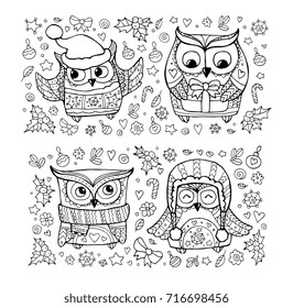 Cute owls. Funny cartoon characters. Christmas set collection. Vector artwork. Black and white. Coloring book pages for adult. Holiday concept. Zentangle, doodle. Hand drawn