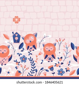 Cute Owls in Garden Vector Seamless Horizontal Border