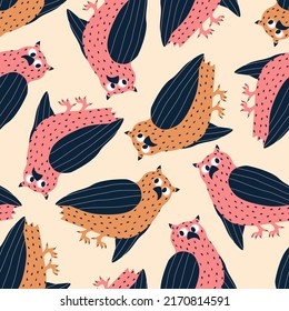 Cute owls hand drawn vector illustration. Funny colorful birds in flat style seamless pattern for kids fabric or wallpaper.