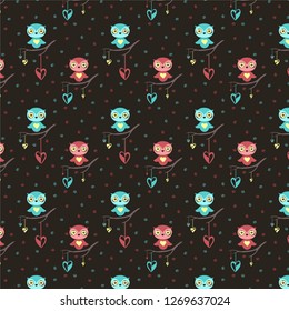 Cute owls, hearts seamless pattern on dark background for Valentine's Day