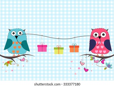 Cute owls holding gift box vector background