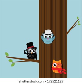 Cute owls in a hollow tree. EPS 10 vector, grouped for easy editing. No open shapes or paths.
