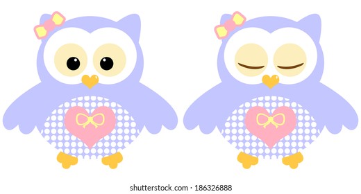 Cute owls. Illustration of pair of blue owls. Sleeping and not sleeping owls. Vector image