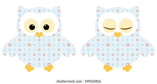 Cute owls. Illustration of pair of blue owls with marine pattern (lifebuoy, anchor and handwheel). Sleeping and not sleeping owls. Vector image 