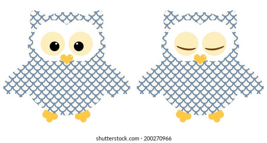 Cute owls. Illustration of pair of blue owls with circle pattern. Sleeping and not sleeping owls. Vector image 