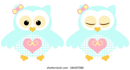 Cute owls. Illustration of pair of cyan owls. Sleeping and not sleeping owls. Vector image