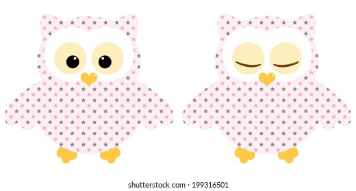 Cute owls. Illustration of pair of pink owls with star pattern. Sleeping and not sleeping owls. Vector image 