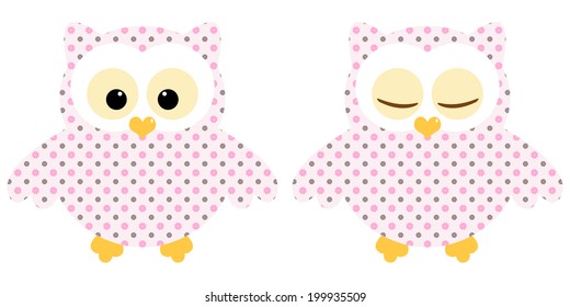 Cute owls. Illustration of pair of pink owls with flower pattern. Sleeping and not sleeping owls. Vector image 