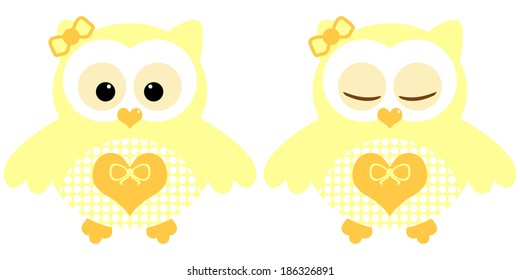 Cute owls. Illustration of pair of yellow owls. Sleeping and not sleeping owls. Vector image