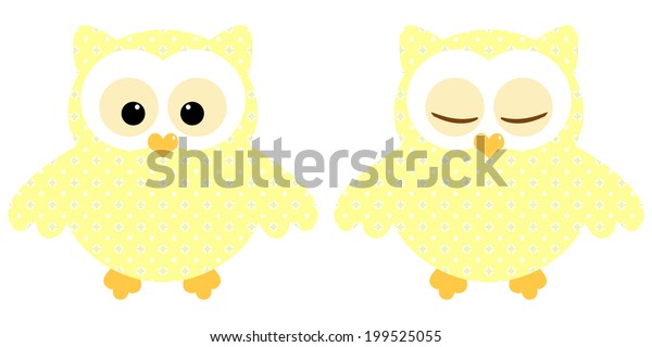 Cute owls. Illustration of pair of yellow-green owls\
with flower pattern. Sleeping and not sleeping owls. Vector image\
