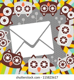 Cute owls with letter banner. Vector illustration.