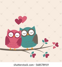 Cute owls in Love. Romantic vector card