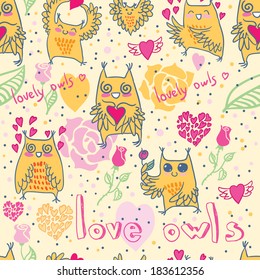 Cute owls in love. Seamless pattern owls. Cartoon owls.