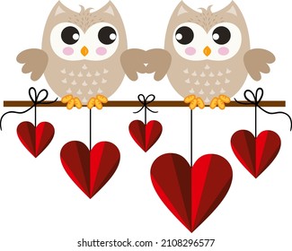 Cute owls in love sitting on branch with heart shaped leaves
