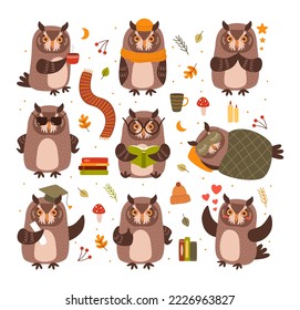 Cute owls mascots. Smart bird read book and study, owl drink coffee and sleeping under blanket cartoon vector set. Autumn season, animal character wearing hat and scarf, getting education