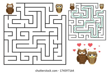 Juego de Maze de Búho Cute (ayuda a búho a encontrar su amor) puzzle de Maze con solución. Ilustración del vector